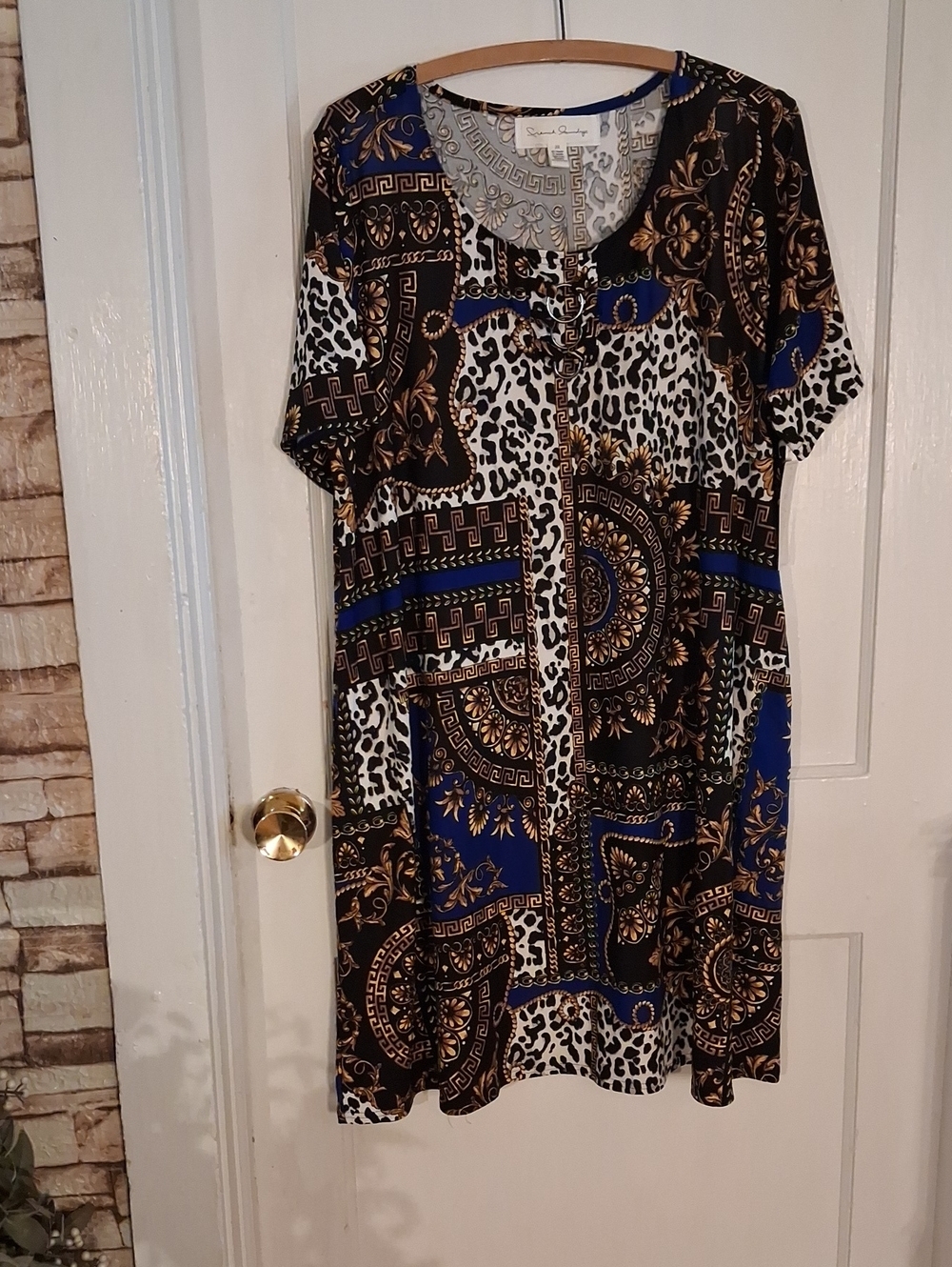 French Laundry Short Sleeve Dress in Blue, Black & Cream Size 2xlarge
